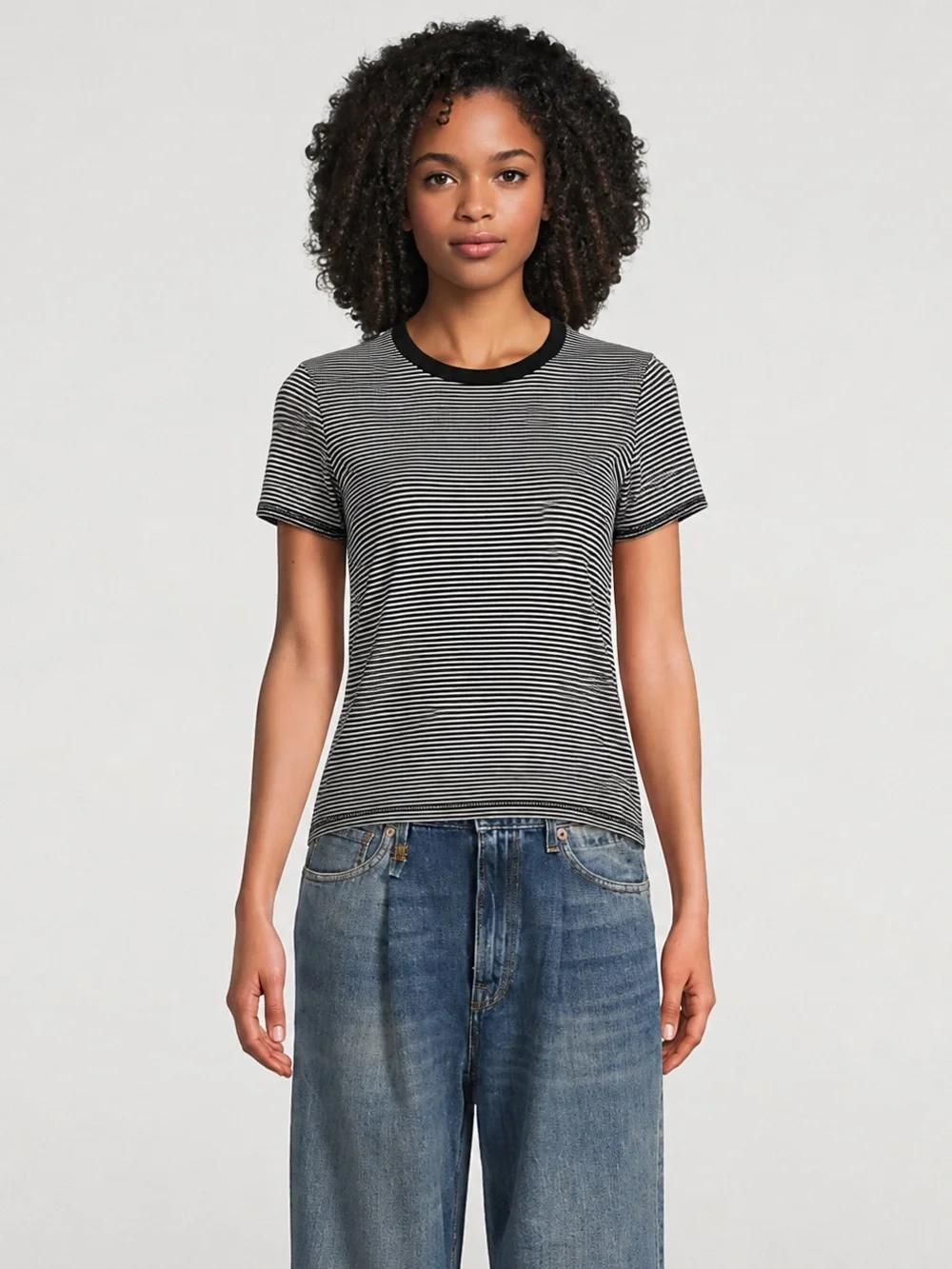 NEW R13 cotton Baby T-Shirt In black white micro Stripe Print Small crewneck top